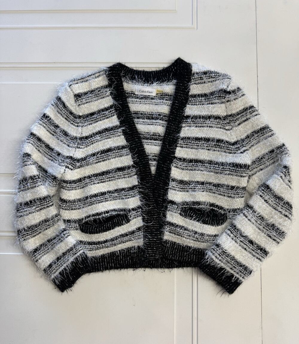 Calvin Klein Womens Sz M Black White Striped Open Front Fuzzy Cardigan Sweater